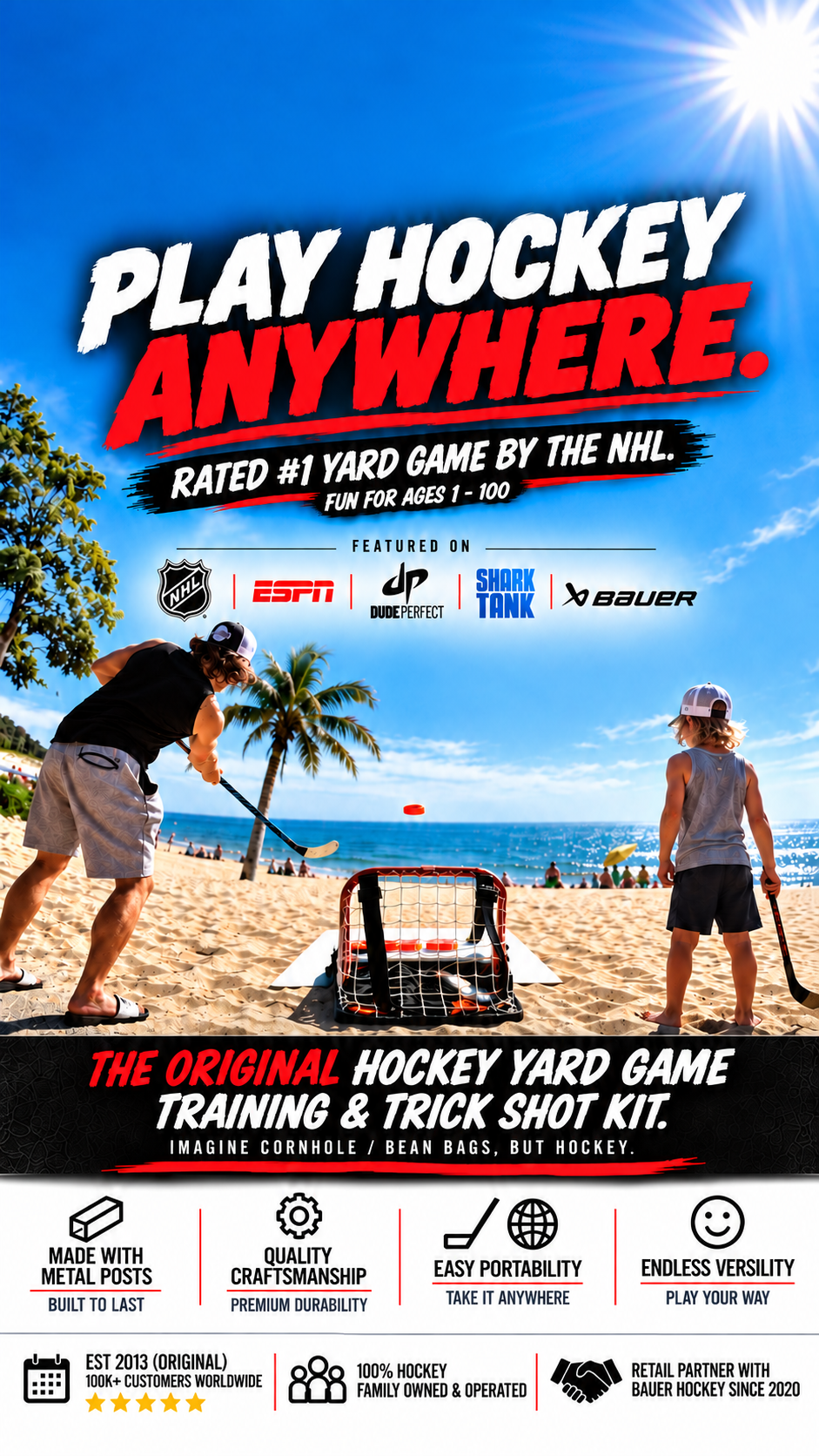 Play Hockey Anywhere graphic with blue sky, beach gameplay, and Hockey Sauce Kit goal.