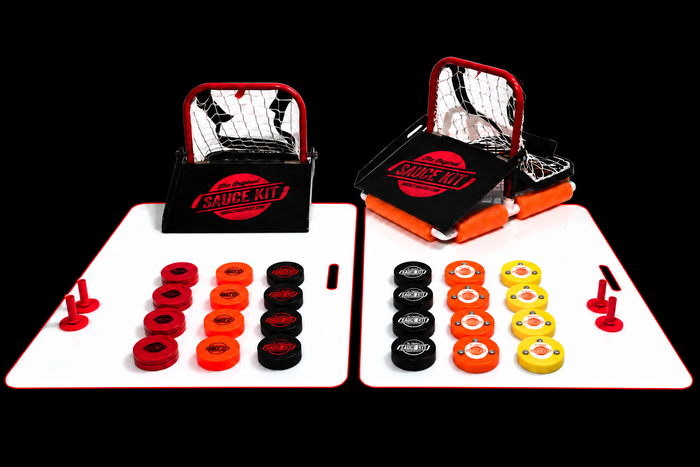Ultimate Hockey Sauce Kit with orange and yellow biscuit pucks